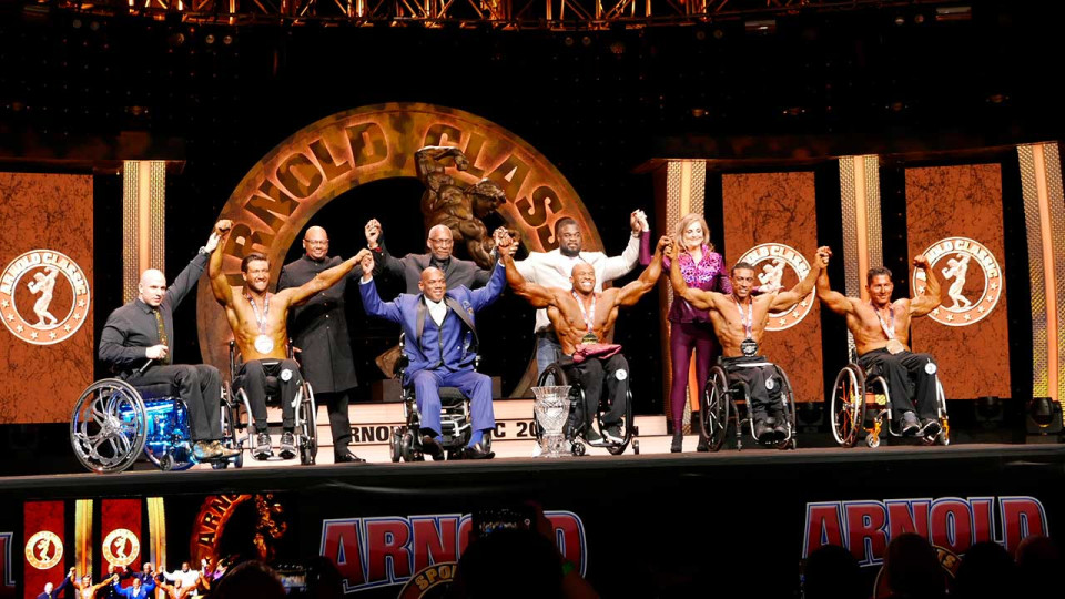Arnold Classic Wheelchair winner Harold Kelley center with the entire 2020 division Photo by Terry Eiler