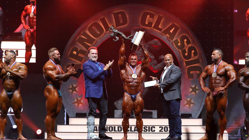 Arnold Classic winner Nick “The Mutant” Walker posing with the trophy.